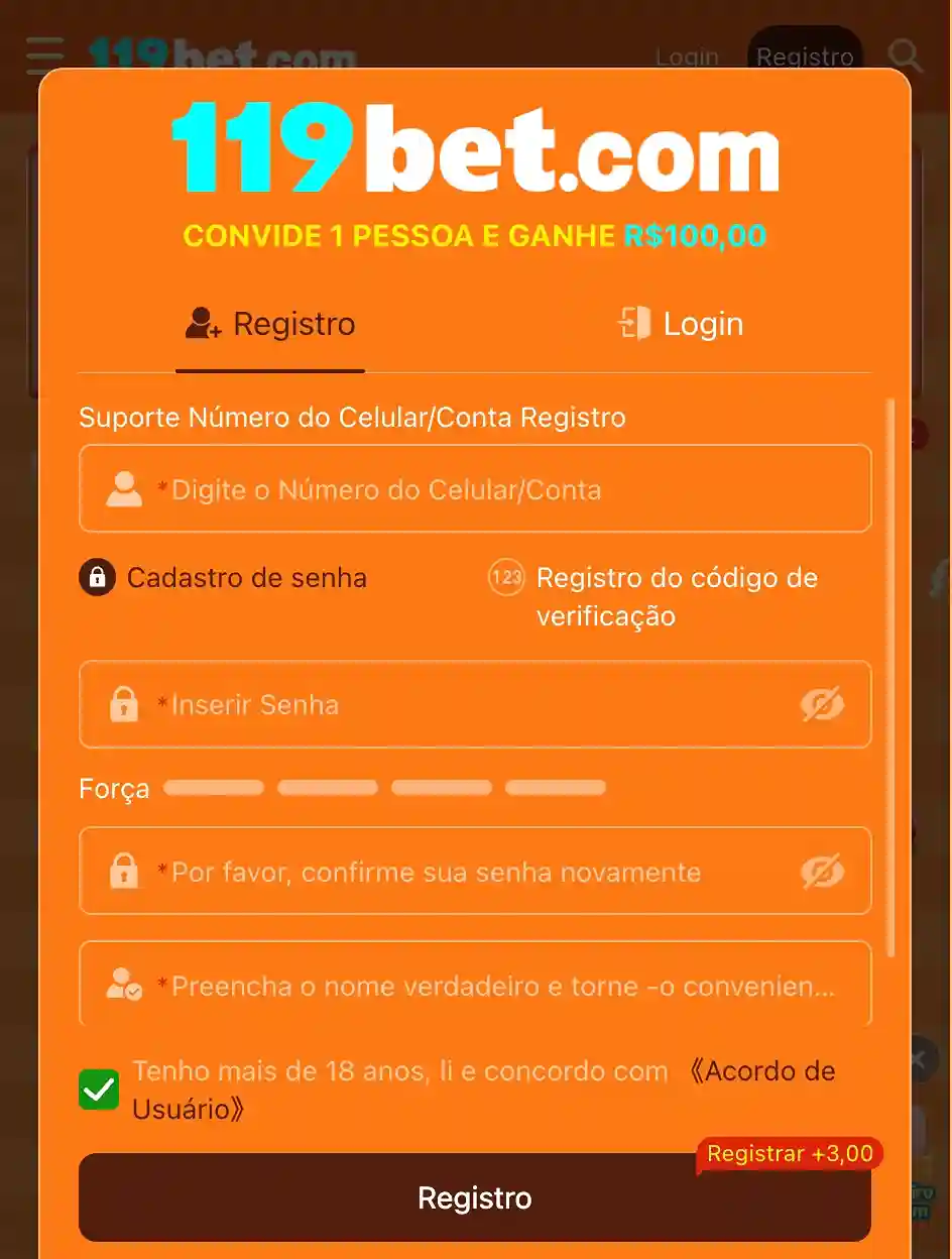 Experiência da 119bet em celular Android usando navegador